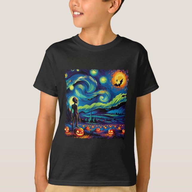 Van Gogh Starry Night Alien Man Halloween Fall Pum T Shirt (Framsida)