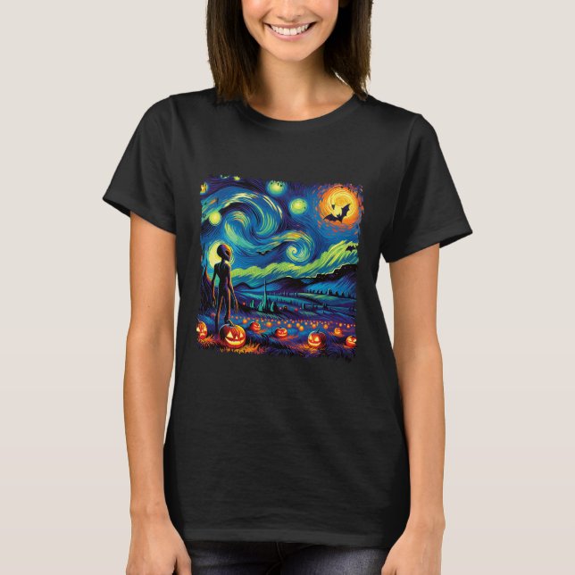 Van Gogh Starry Night Alien Man Halloween Fall Pum T Shirt (Framsida)