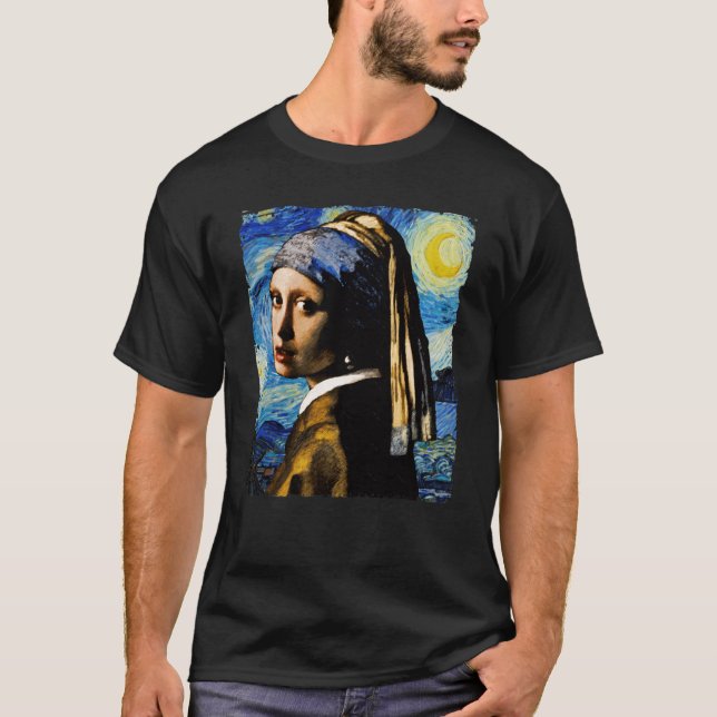 Van Gogh Starry Night and Girl With a Pearl Earrin T Shirt (Framsida)