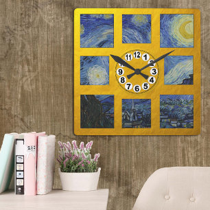 Van Gogh & Starry Night Art/Golden Retro Clock Fyrkantig Klocka
