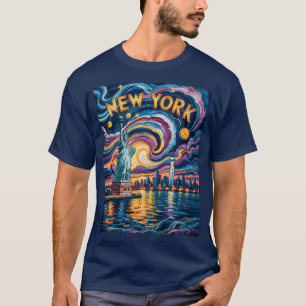 Van Gogh Starry Night Art New York Liberty Skyline T Shirt