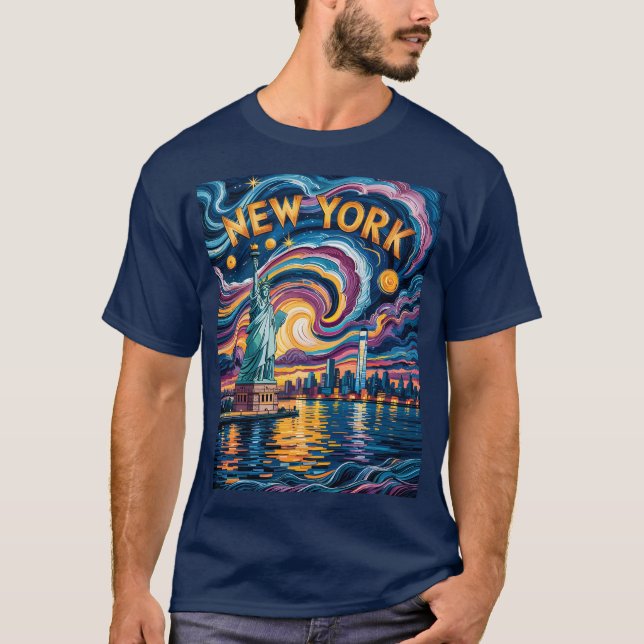 Van Gogh Starry Night Art New York Liberty Skyline T Shirt (Framsida)