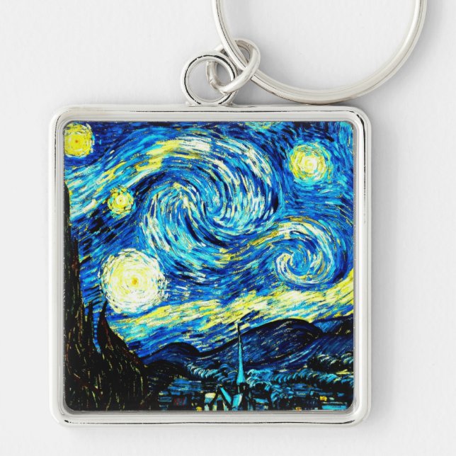 Van Gogh - Starry Night, berömd-tavla, Fyrkantig Silverfärgad Nyckelring (Framsidan)