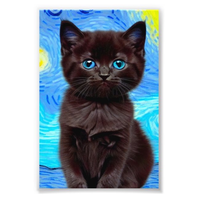 Van Gogh Starry Night Black Cat Fototryck (Framsidan)