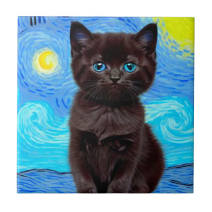 Van Gogh Starry Night Black Cat Kakelplatta