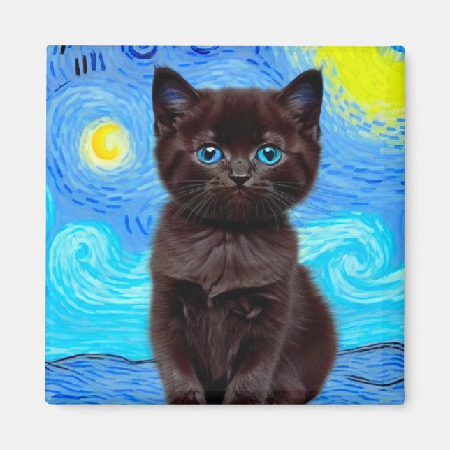 Van Gogh Starry Night Black Cat Magnet (Framsidan)