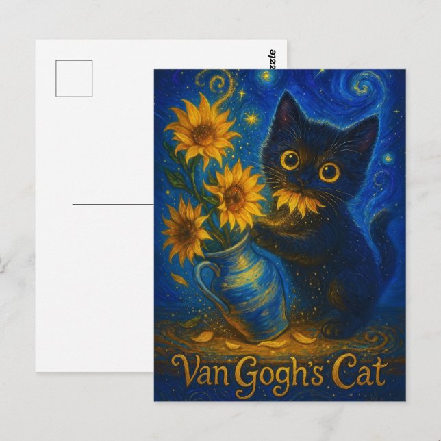 Van Gogh Starry Night Black Cat med solblommor Vykort (Fram/baksida)