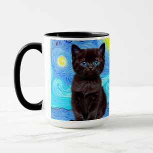 Van Gogh Starry Night Black Cat Mugg