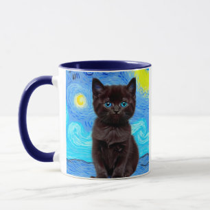 Van Gogh Starry Night Black Cat Mugg