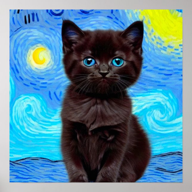 Van Gogh Starry Night Black Cat Poster (Framsidan)