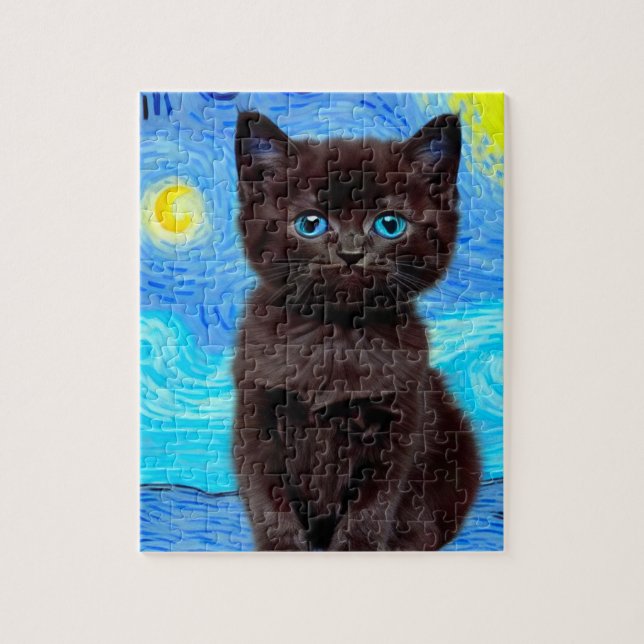 Van Gogh Starry Night Black Cat Pussel (Vertikal)