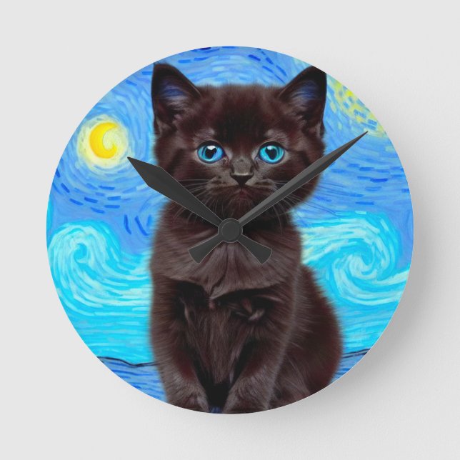 Van Gogh Starry Night Black Cat Rund Klocka (Framsida)