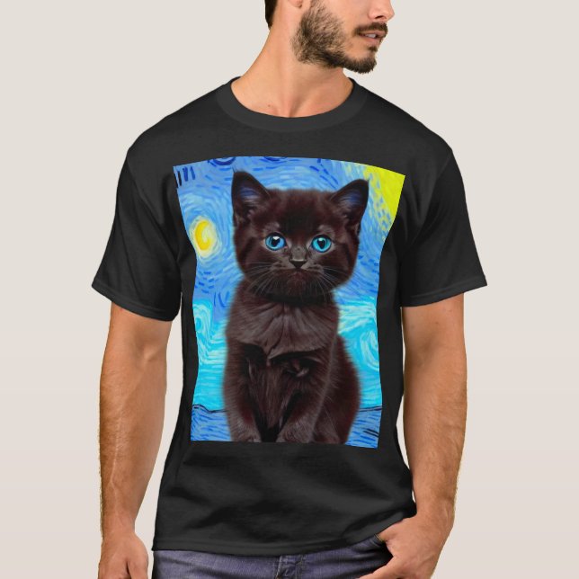 Van Gogh Starry Night Black Cat T Shirt (Framsida)
