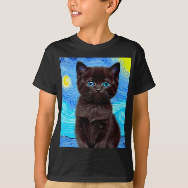 Van Gogh Starry Night Black Cat T Shirt (Framsida)