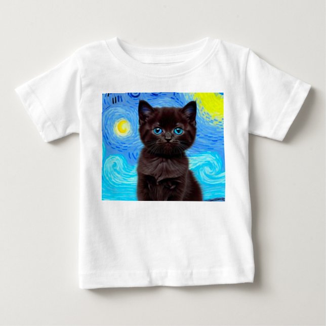 Van Gogh Starry Night Black Cat T Shirt (Framsida)