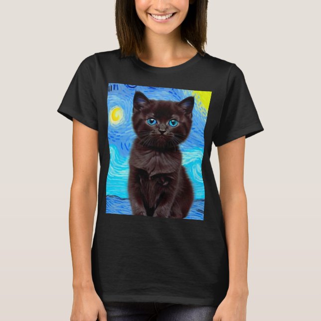 Van Gogh Starry Night Black Cat T Shirt (Framsida)