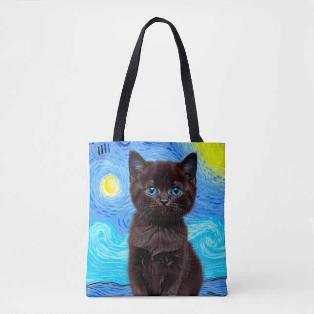 Van Gogh Starry Night Black Cat Tygkasse (Framsida)