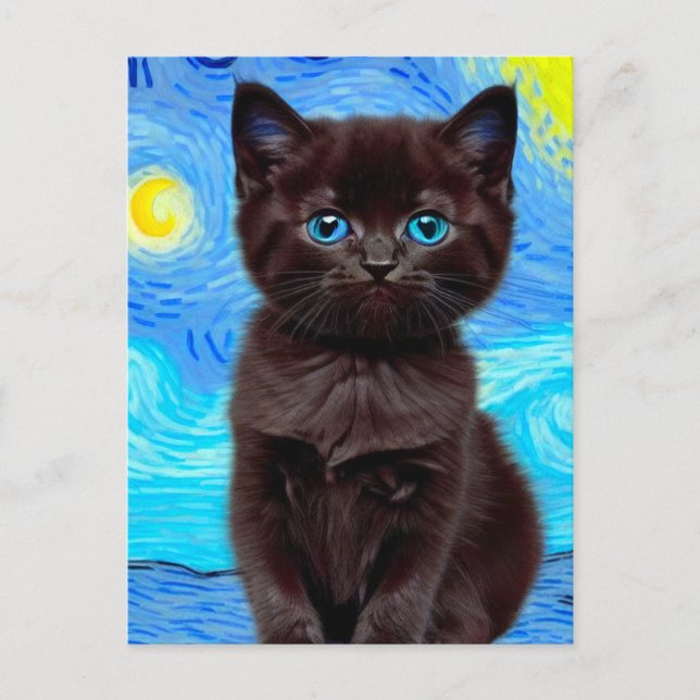 Van Gogh Starry Night Black Cat Vykort (Framsida)