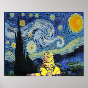 Van Gogh - Starry Night, Cat Art Parody Poster