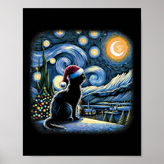 Van Gogh Starry Night Cat Funny Black Cat Christma Poster (Framsidan)