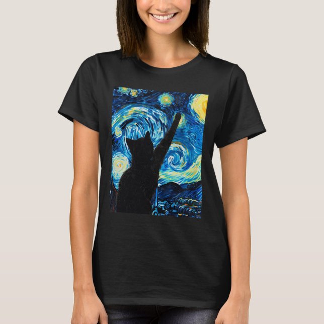 Van Gogh Starry Night Cat Lover Kitten T Shirt (Framsida)