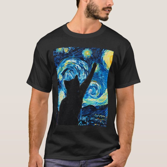 Van Gogh Starry Night Cat Lover Kitten T Shirt (Framsida)