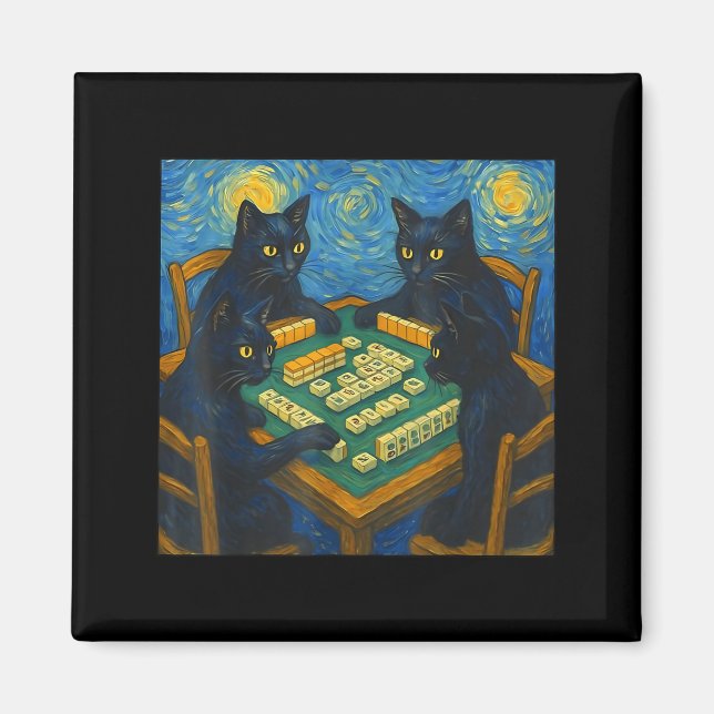 Van gogh starry night cat playing mahjong chinese magnet (Framsidan)
