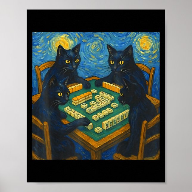 Van gogh starry night cat playing mahjong chinese poster (Framsidan)