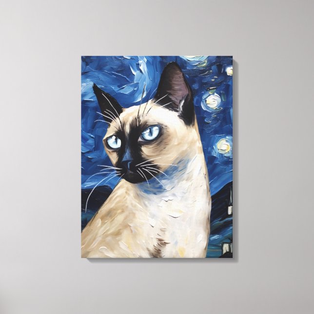 Van Gogh Starry Night Cat Siamese Dream Canvastryck (Framsida)