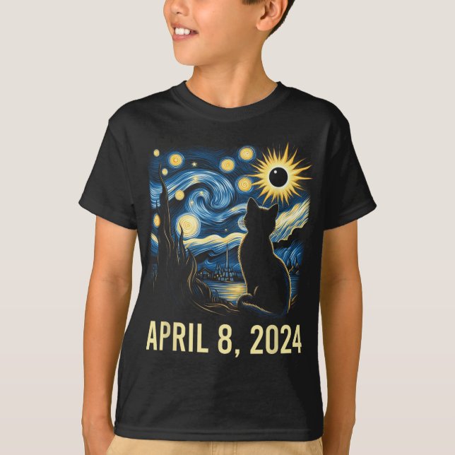 Van Gogh Starry Night Cat Total Solar Eclipse Apri T Shirt (Framsida)
