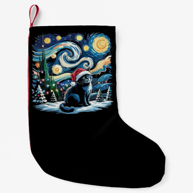Van Gogh Starry Night Festive jul Black Cat Liten Julstrumpa (Framsidan)
