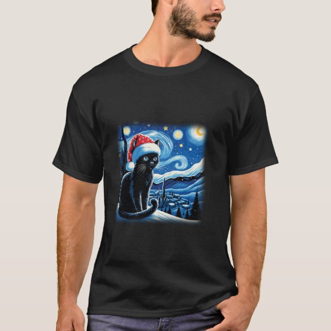 Van Gogh Starry Night Festive jul Svarta katter T Shirt (Framsida)