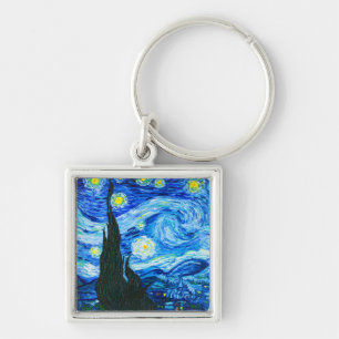 Van Gogh Starry Night Fyrkantig Silverfärgad Nyckelring