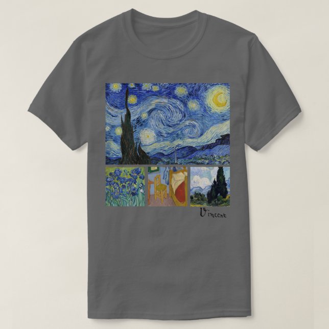 Van Gogh Starry Night, Irises, Room with Chair, an T Shirt (Design framsida)