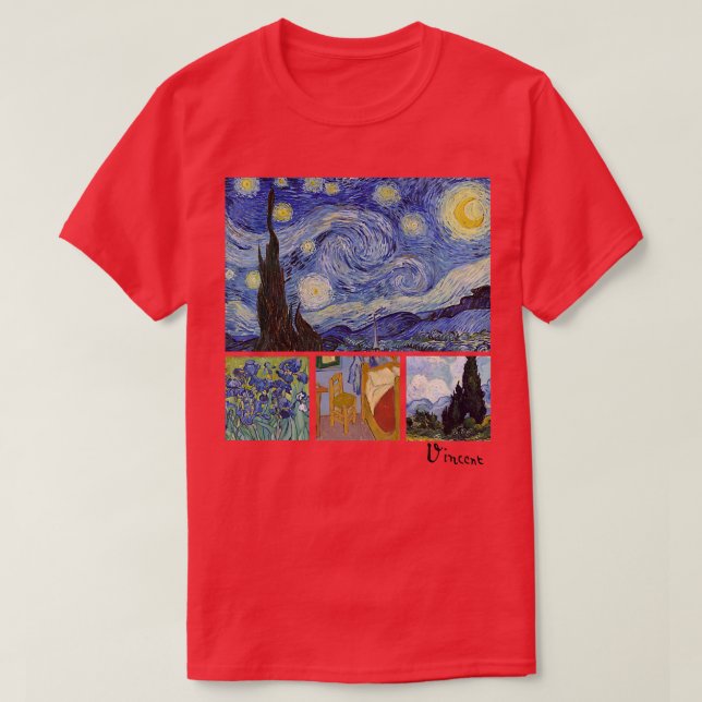 Van Gogh Starry Night, Irises, Room with Chair, an T Shirt (Design framsida)