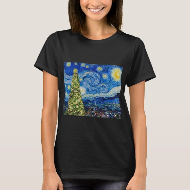 Van Gogh Starry Night - Julgran Hoodie T Shirt (Framsida)