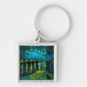 Van Gogh Starry Night over Rhône Fyrkantig Silverfärgad Nyckelring