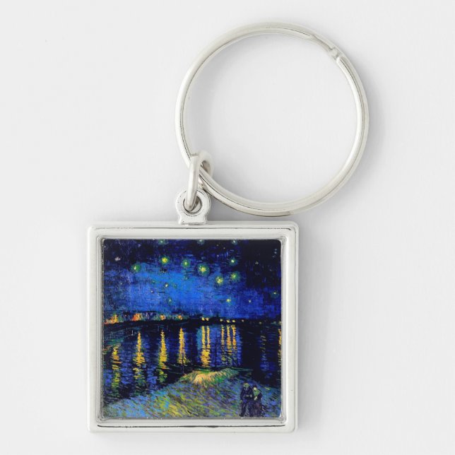Van Gogh Starry Night Rhone (F474) Fine Art Fyrkantig Silverfärgad Nyckelring (Framsidan)