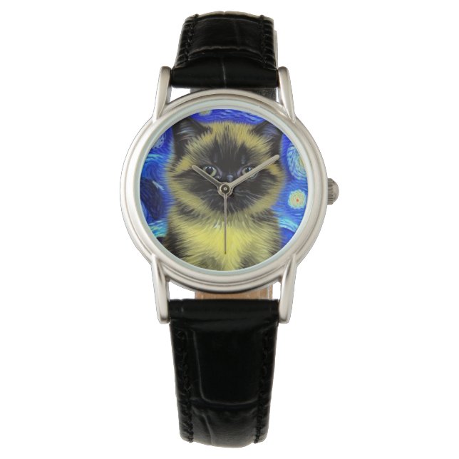 Van Gogh Starry Night Siamese Cat Armbandsur (Framsida)