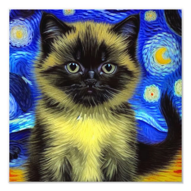 Van Gogh Starry Night Siamese Cat Fototryck (Framsidan)