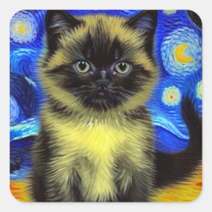 Van Gogh Starry Night Siamese Cat Fyrkantigt Klistermärke