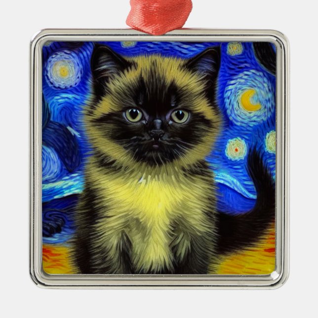 Van Gogh Starry Night Siamese Cat Julgransprydnad Metall (Framsidan)