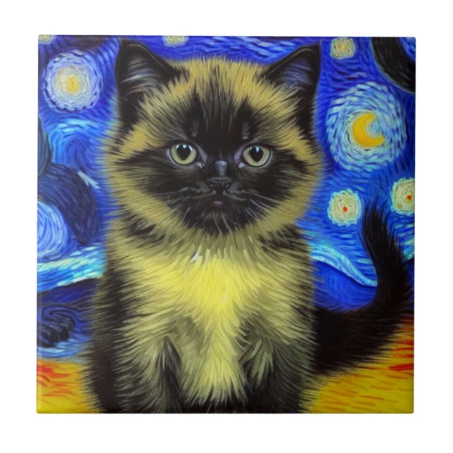 Van Gogh Starry Night Siamese Cat Kakelplatta (Framsidan)