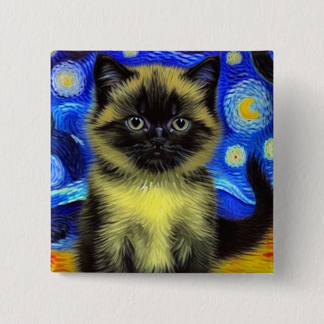 Van Gogh Starry Night Siamese Cat Knapp (Framsida)