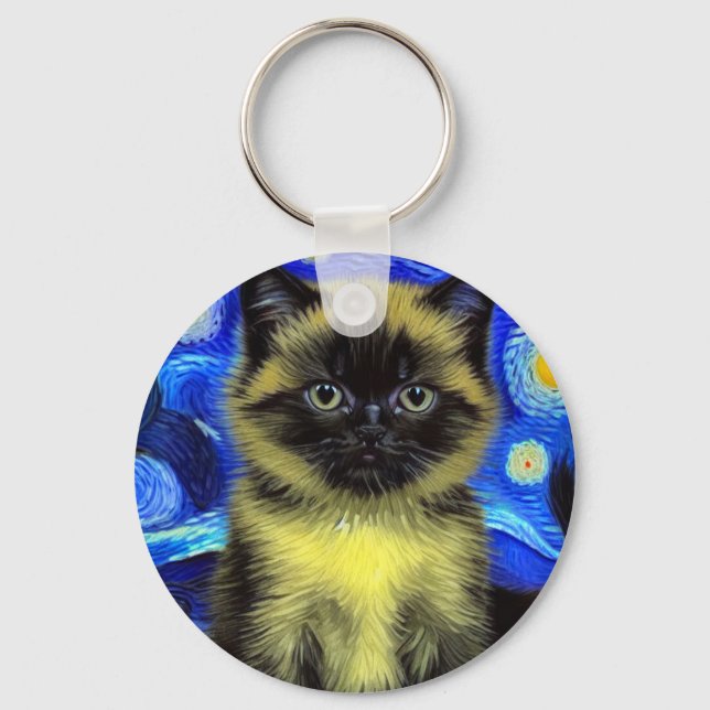 Van Gogh Starry Night Siamese Cat Nyckelring (Framsida)