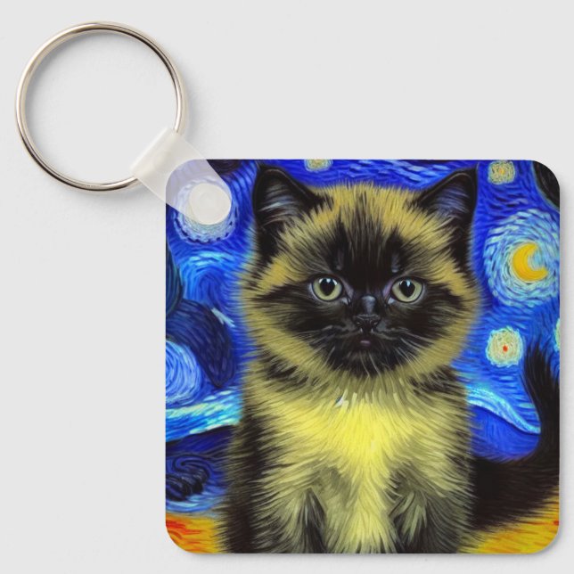 Van Gogh Starry Night Siamese Cat Nyckelring (Framsida)