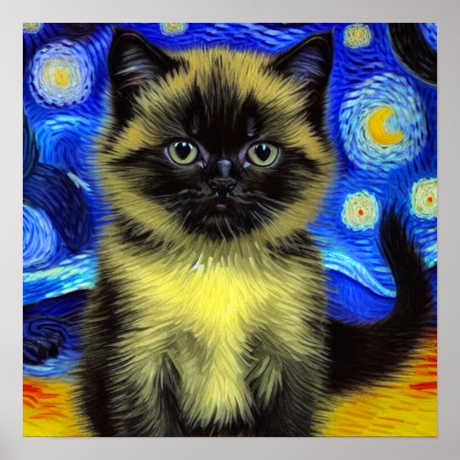 Van Gogh Starry Night Siamese Cat Poster (Framsidan)