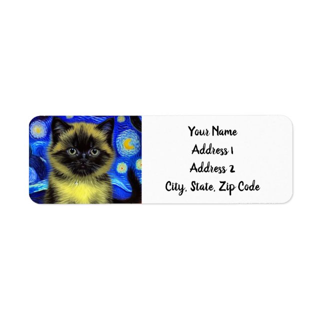 Van Gogh Starry Night Siamese Cat Returadress Etikett (Framsidan)