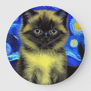 Van Gogh Starry Night Siamese Cat Stor Klocka