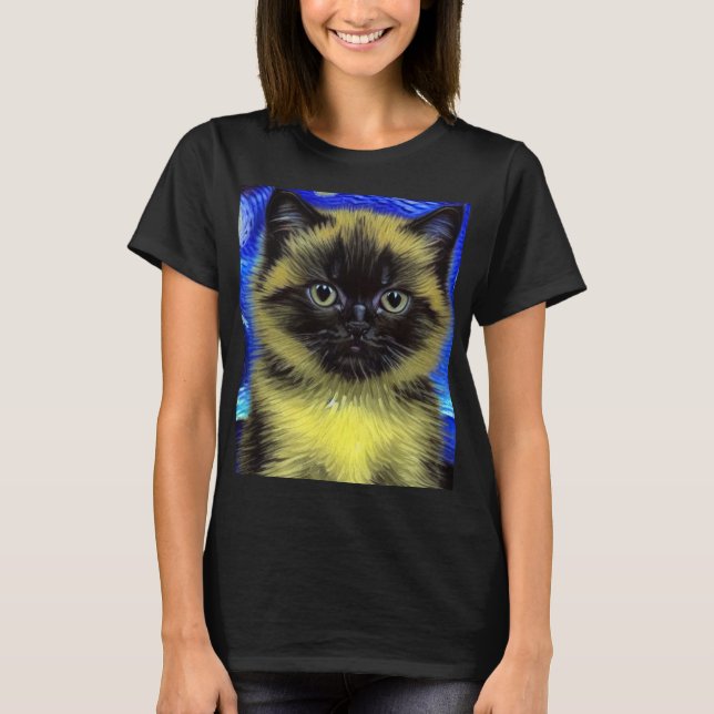 Van Gogh Starry Night Siamese Cat T Shirt (Framsida)